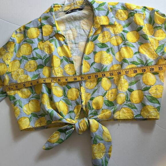 Zara Lemon Print Tie-Waist Top Womens Medium Linen Blend Beachy Novelty Fruit - Picture 9 of 11